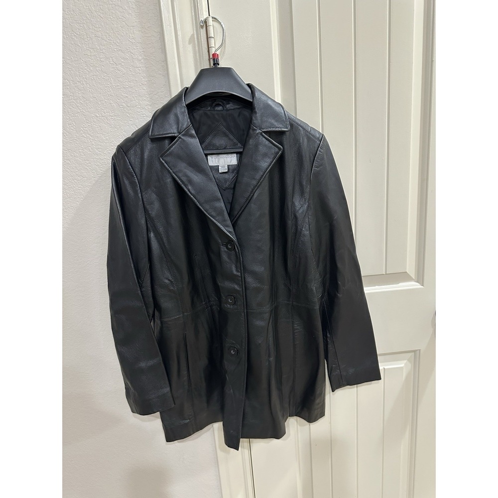 Worthington Womens Black Vintage 90s Lambskin Leather Blazer Jacket Large